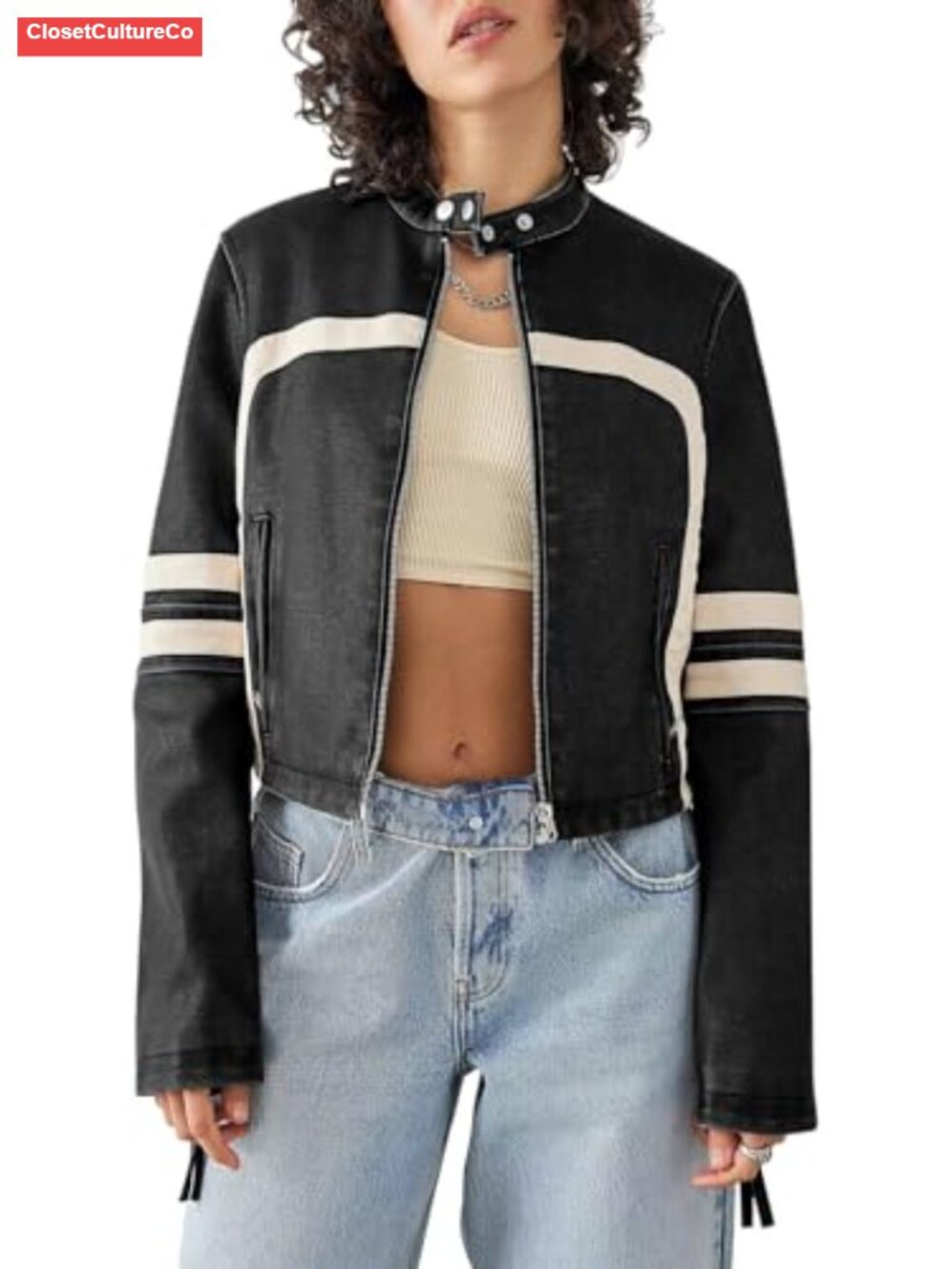 Faux Leather Cropped Moto Biker Jacket Striped Stitching
